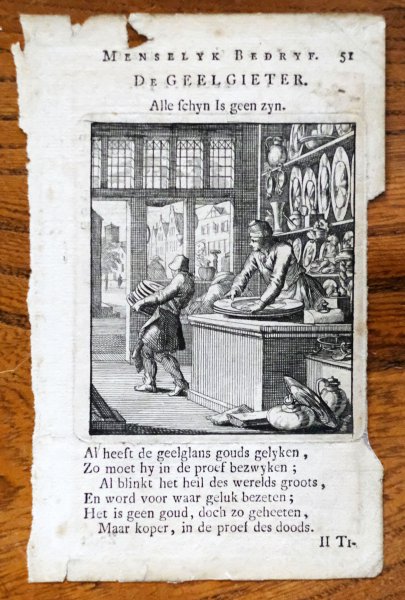 Jan Luiken - Menselyk Bedryf: De Geelgieter, Copper engraving by Jan Luiken