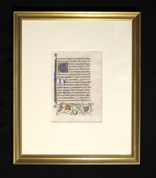  - 15th century manuscript leaf Dutch with flowers and initial (framed)