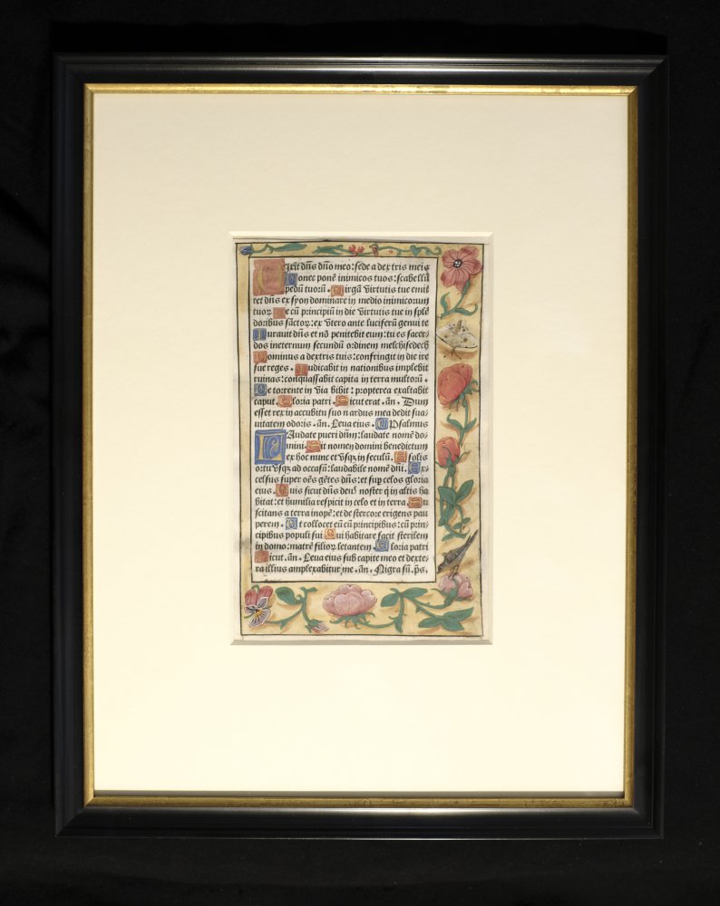  - Printed leaf on vellum with illuminated flower borders (framed)
