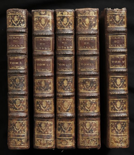 P. Jard - Sermons pour l' avent, le caresme, et les principales festes de l'année. Par le P. Jard, Doctrinaire, Auteur de la Religion Méditée. Cinq Volumes reliés, 15 livres.